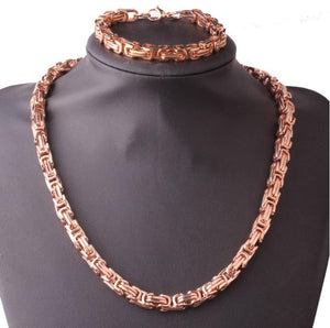 8 MM Rose Plated 24" Solid Byzantine Link Chain & matching 9" Bracelet