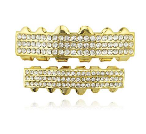 Hip Hop 3-line Gold Iced Out Grillz