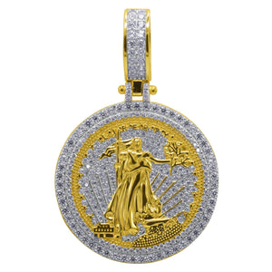 925 Silver 14K Yellow Gold Plated Liberty Coin Pendant Full CZ